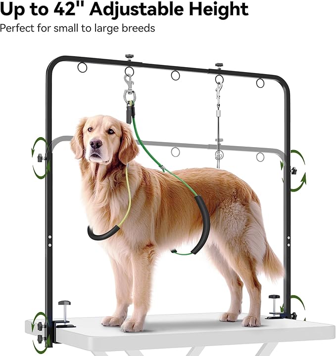 Adjustable Dog Grooming Arm for Table: 42'' Height, 27''–39'' Width, Clamp Fits Up to 2.76'', with Hammock & 2 Nooses – Portable Pet Grooming Station for Nail Trimming, Cats & Dogs at Home