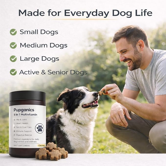 Pupganics Multivitamin Soft Chews for Dog, Dog Vitamins and Supplements for Immune System, Joint Support, Skin, Gut Health, with Probiotics, Glucosamine, Vitamin A/D3/E, Chicken Flavor, 60 Count (1)