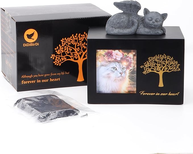 Cat Urns for Ashes, Tree Pattern Wooden Keepsake with Photo Frame, Pet Urn Memory Box with Resin Animal Statue and Sealed Storage Bags (75lbs) (Black)