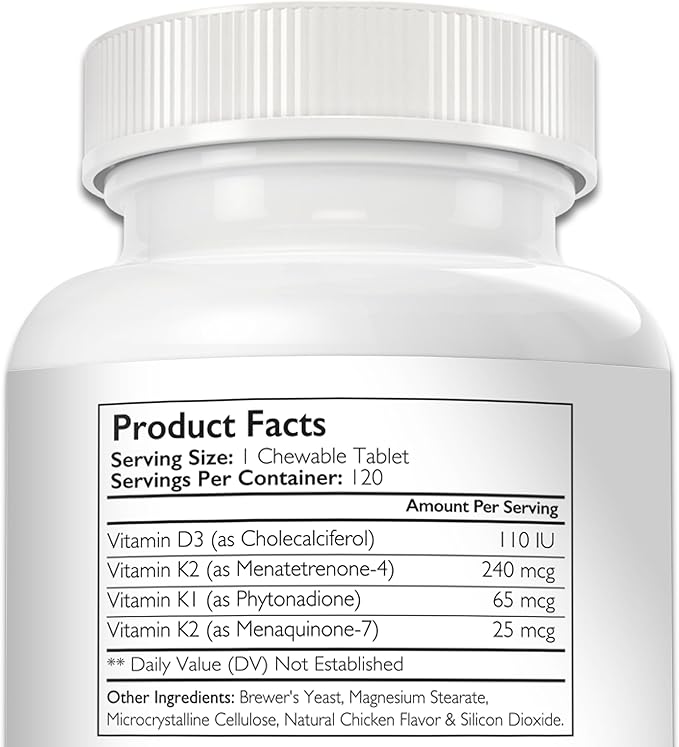 Vitamin K for Dogs - K1 & K2 (MK4 + MK7) + Vitamin D3 for Bone Health, Heart Support & Calcium Absorption - Advanced Formula for Strong Joints, Muscle & Immune Support - 120 Tablets