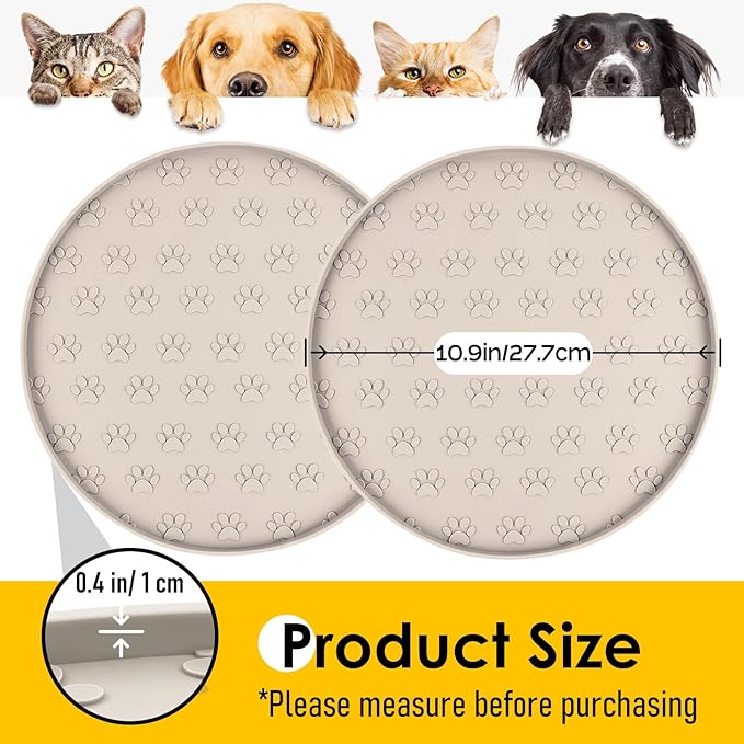 Pet Feeding Mats for Food and Water, Waterproof Anti-Slip Placemats for Dog Cat Bowl, 2 Pack Silicone Pet Food Mat, Dishwasher Safe 10.9 × 10.9 (2 Beige, Small Paws)