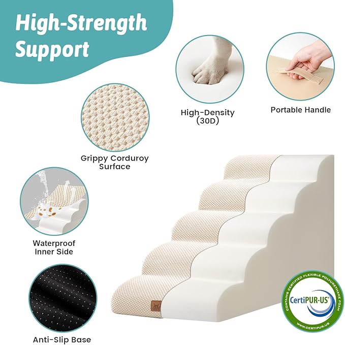 Dog Stairs for Small Dogs 19.7"H, 5-Step Sturdy Foam Dog Steps for Couch, Bed or Sofa, Curved Pet Stairs for Puppy and Older Cat, Doggie Ladder with Washable Cover, 15.7x33x19.7 inch, Beige