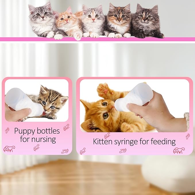 Puppy Bottles for Nursing,Puppys Bottles for Nursing Newborn Puppy,Syringe for Feeding Cat Bottle for Kittens,New Upgrade Kitten Silicone Newborn Supplies (Pink)