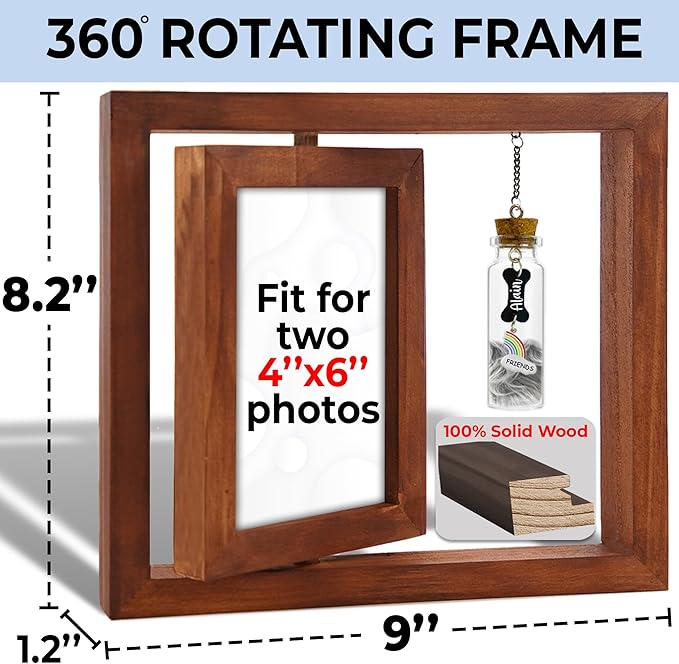 Pet Memorial 4x6 Picture Frame Wooden Rotating Walnut, Cat Remembrance Gifts, Pet Dogs Hair Keepsake Fur Jar Rainbow Bridge No Longer By My Side Heart Tag, In Loving Sympathy Animal Loss Gift PR-3W