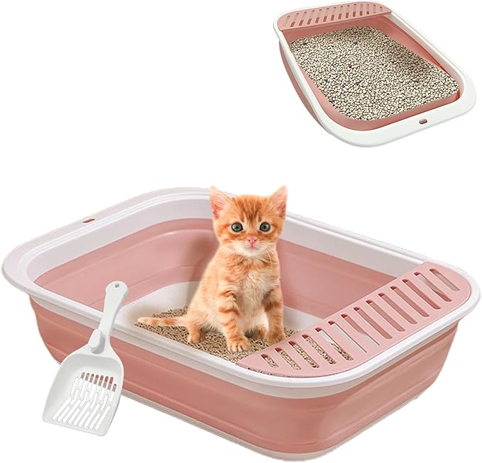 VCEPJH Kitten Litter Box Low Entry Litter Box for Senior Cats - Shallow Cat Litter Pan Collapsible Litterbox for Travel Pink