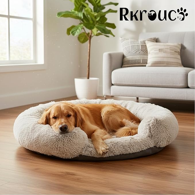 Fluffy Dog Bed Calming Donut Beds for Large Dogs Warming Round Small Medium Pet Nest Cozy Cat Mattress Indoor Washable Puppy Kennel Kittens Sleep Mat (L, 35.4×35.4 inch, Beige)