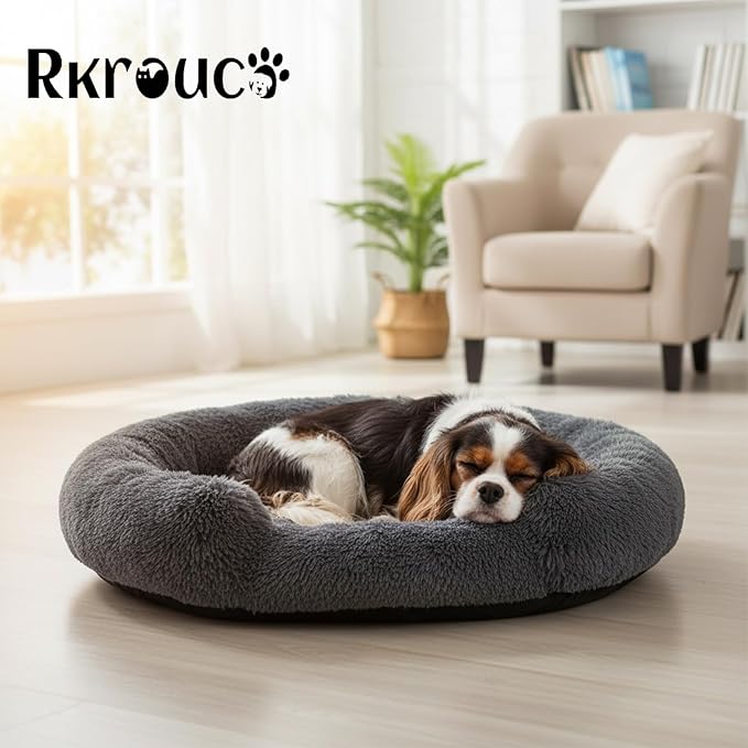 Fluffy Dog Bed Calming Donut Beds for Large Dogs Warming Round Small Medium Pet Nest Cozy Cat Mattress Indoor Washable Puppy Kennel Kittens Sleep Mat (M, 27.5×27.5 inch, Dark Gray)