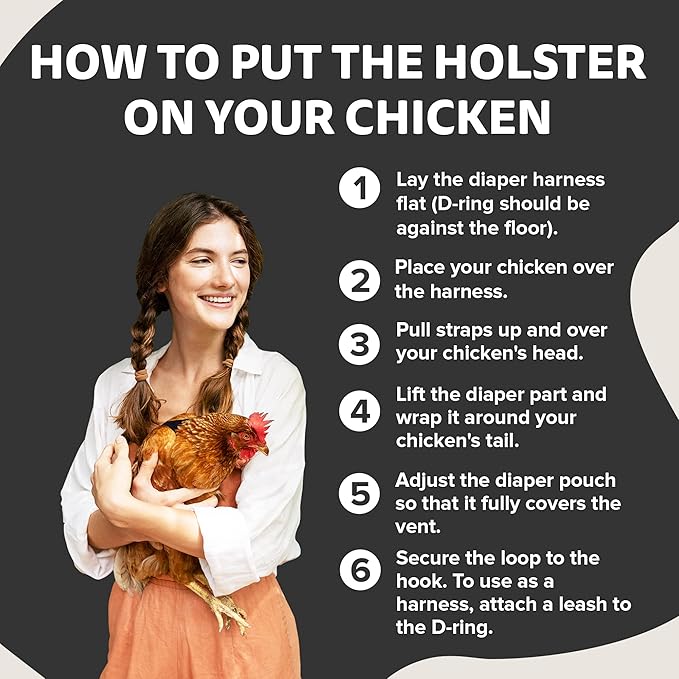 Hen Holster Premium Starter Kit - Bird Diaper, Wrap Around for Hens, Roosters, Ducks - Leak-Proof, Comfortable Bird Harness with Sewn-in Liner, Secure Hook & Loop Closure - Large, Black