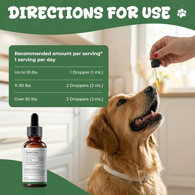 Vitamin E Supplement for Dogs Liquid, Daily Skin & Coat Nutrition Oil, Supports Moisture Balance, Cellular Protection & Overall Canine Wellness, 2 fl oz (60 mL)