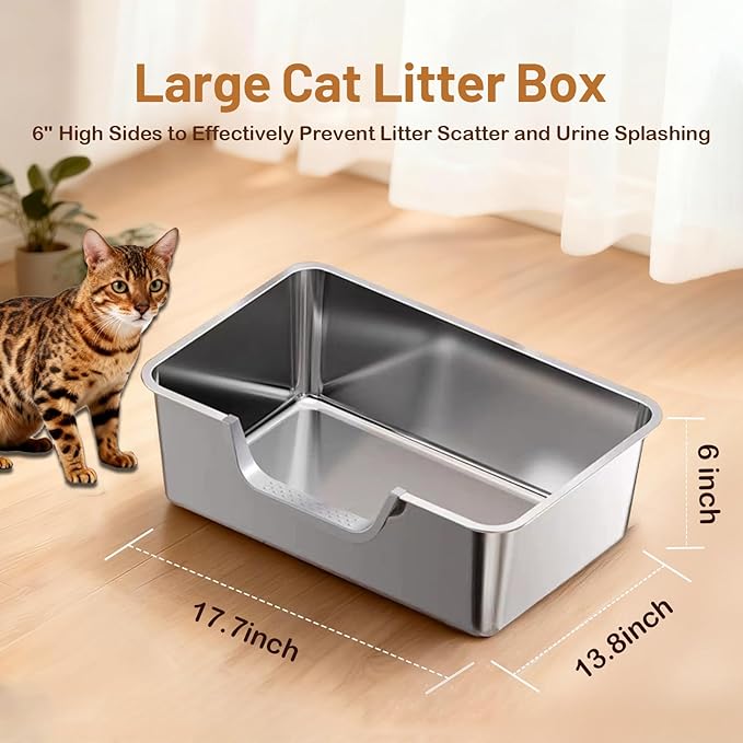 Stainless Steel Cat Litter Box, Steel Litter Pan with Curved Low Entry, Leak Proof 6 Inch High Side for Urine, Easy Entry for Kittens Older Cats, No Slip, 17.7" x 13.8" x 6", Silver