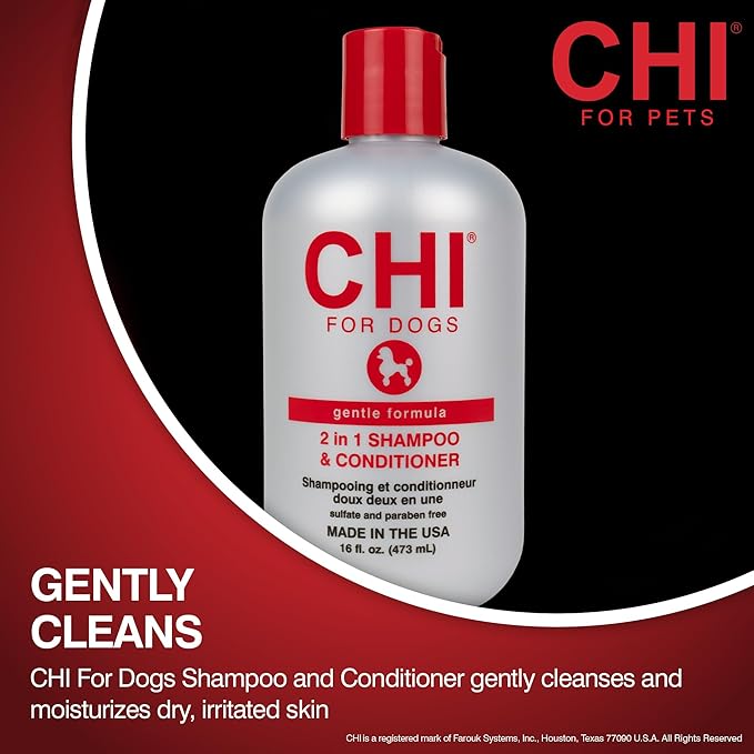 CHI for Dogs Gentle 2-in-1 Shampoo and Conditioner, pH Balanced Dog Wash with Ionic Technology, Moisturizing Clean for Puppies and Adult Dogs, All Coat Types, Made in The USA, 16 Fl Oz