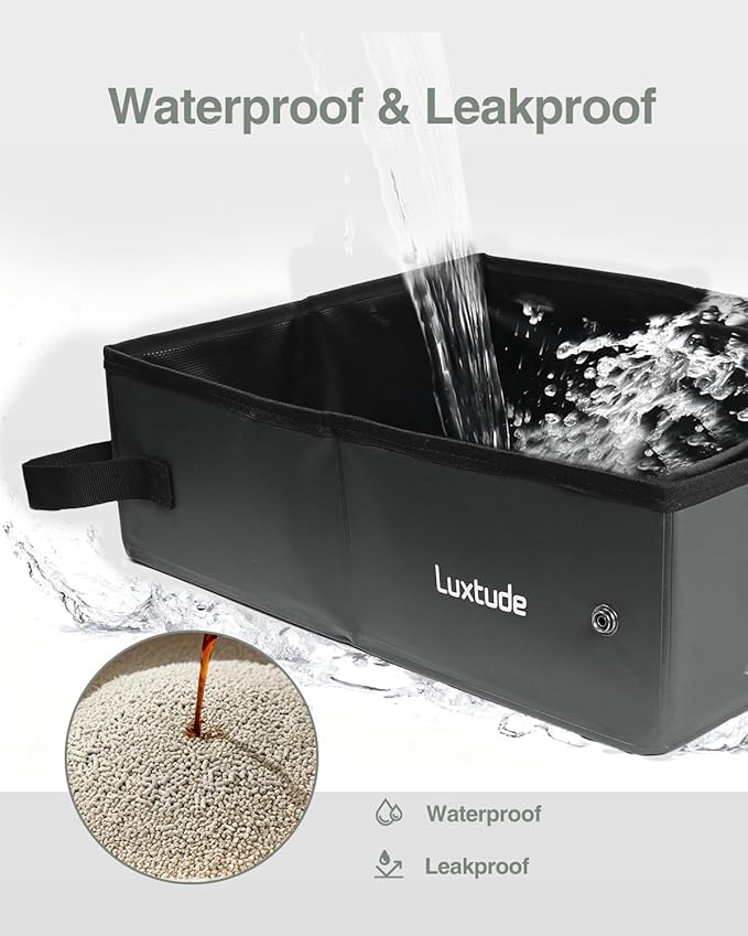 Luxtude Portable Litter Box for Cats, Collapsible Travel Litter Box for Cats in Car, No Smell, Waterproof and Easy Clean, No Leakage for Car, Hotel (Black, Large)