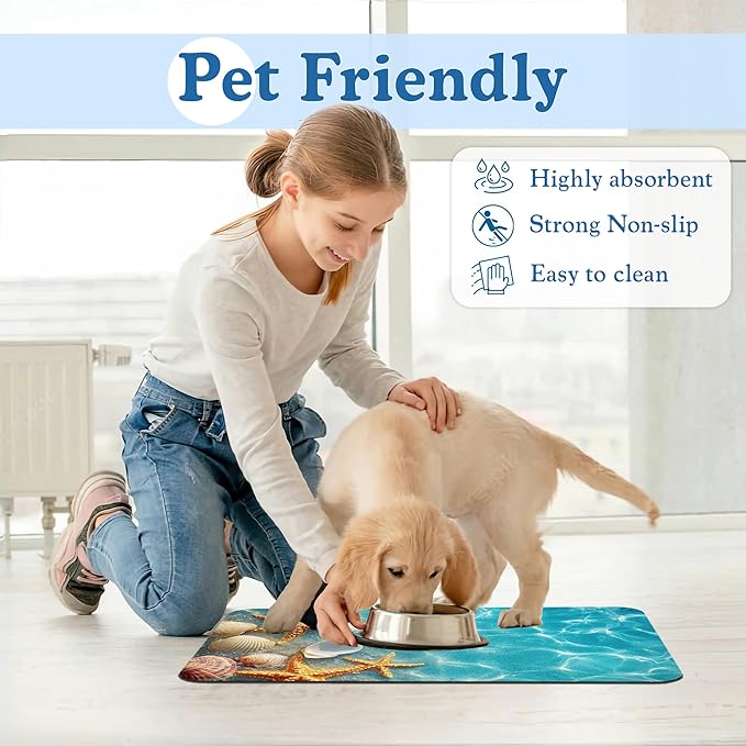 Starfish Seashell on Beach Pet Feeding Mat for Floors–Christmas Stocking Absorbent Quick Dry Dog Cat Bowl Mat for Food and Water, Non Slip Waterproof Base, Mess-Free Feeding Accessories 16"x24"