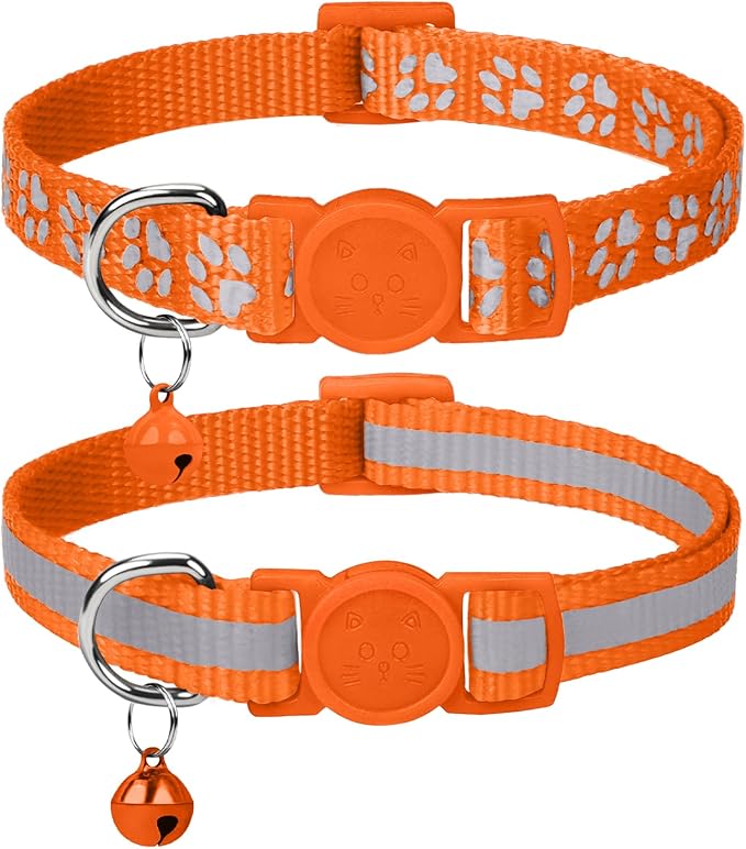 Taglory Reflective Cat Collar Breakaway with Bell, High Visibility Night Strip, Lightweight Adjustable Nylon Collar for Boy Girl Cats, 2 Pack, 7.5-12.5 Inch, Orange
