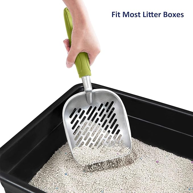 WePet Cat Litter Scoop, Aluminum Alloy Sifter, Kitty Metal Scooper, Deep Shovel with Diagonal Sifting Hole, Long Handle, Kitten Poop Lifter for Litter Box, Medium Size, Green Handle