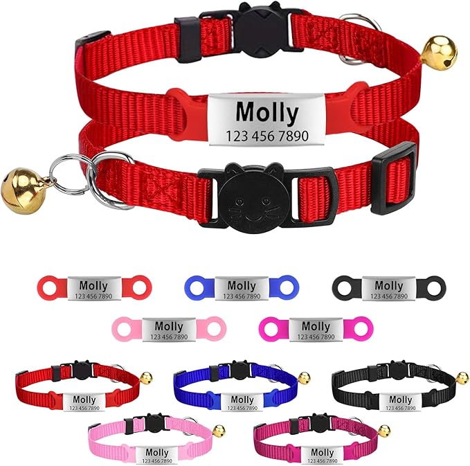Personalized Engraved Cat Collar Multiple Colors with Slide-in Pet ID Tag Adjustable Detachable Design Colorful Nylon Soft and Durable 2/5" Wide，7"-11" Long (Colorful)
