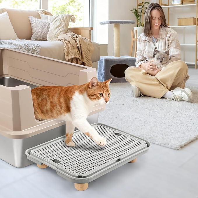 Litter Box Step, Cat Ramp/Step/Catcher with Wooden Base, Filter Function, Easy to Clean, Filter Pedal Ideal for Kitten & Elderly Cats (Light Grey)