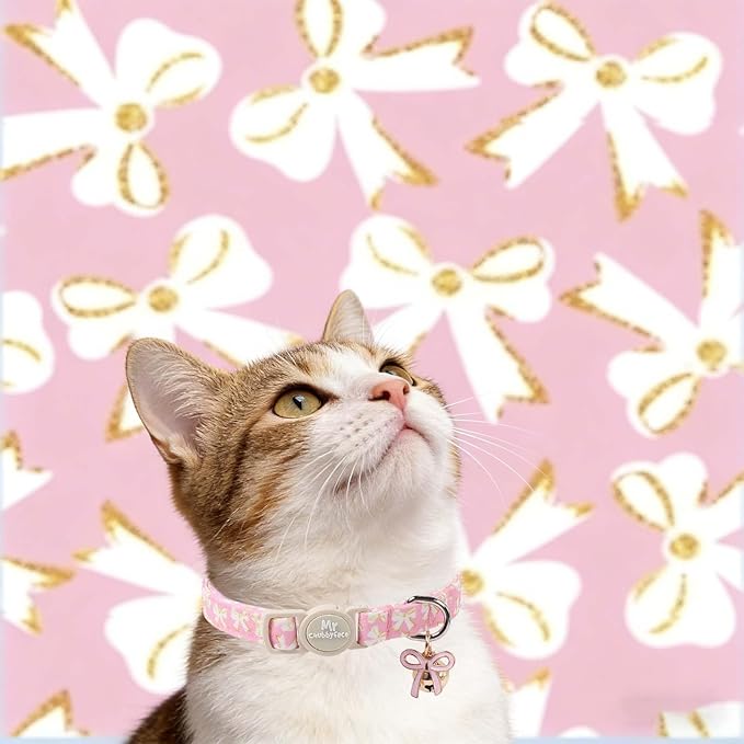 2 Pack Cat Collar, Cute Pink&Blue Bowtie Pattern Breakaway Kitty Collar with Bell&Pendent for Male and Female, Adjustable Holiday Kitten Collar for Boy&Girls