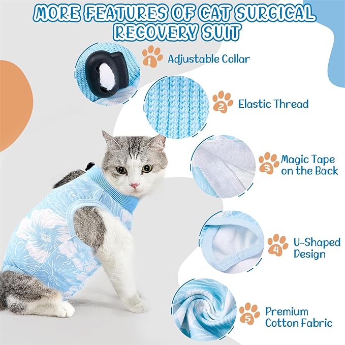 SlowTon Cat Recovery Suit - Cat Onesie for Cats After Surgery Female Male, Kitten Clothes Cats Surgical Spay Suit Abdominal Wounds, E-Collar Alternative Bodysuit Shirt Anti-Licking (Blue Flower,L)