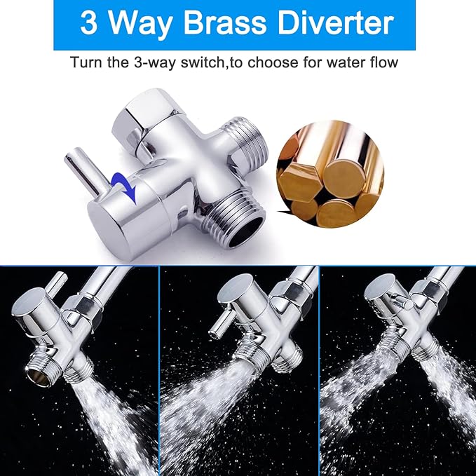 Dog Shower Attachment,Shower Head Sprayer Attachment with ON/OFF Shower Head, Brass 3-Way Diverter for Connecting Shower Arm, Stainless Steel Hose, Dog Brush and Adhesive Holder for Convenient Bathing