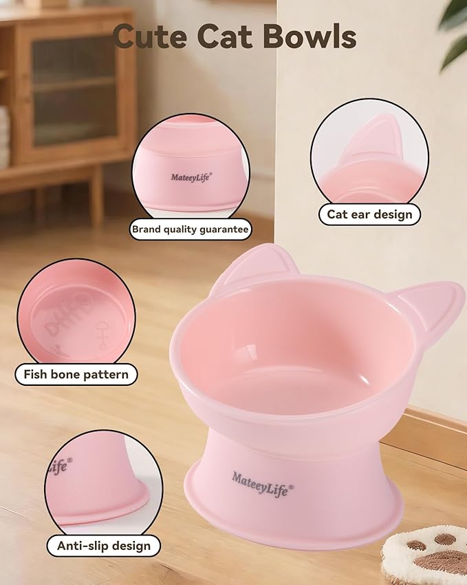 MateeyLife Raised Cat Bowls, Cat Food Bowl Elevated for Kittens & Small Dogs, 15°Tilted Protect Pets' Neck and Anti Vomiting, Whisker Friendly Food & Water Feeding Bowl, 6 oz Each - Pink