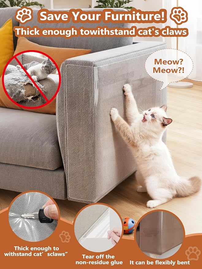 Extra Thick Clear Anti Cat Scratch Furniture Protector 16.93" x 196.85"：ZQVCNF Self-Adhesive Couch & Door Tape from Pet Claws - Covers Walls, Bed Corners | Stops Cat & Dog Scratching Damage