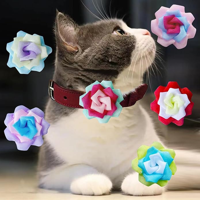 Dog Collar Flowers Accessories, 6 Pack Flower Charms for Dog & Cat Collars, Elastic Slide-On Decorative Flowers for Pet Collars