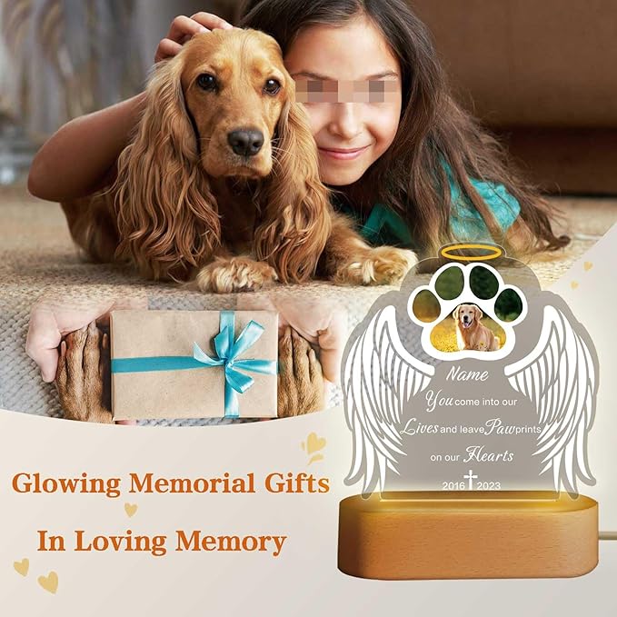 Custom Pet Memorial Night Light Gift Personalized Dog Cat Acrylic Plaque Photo Frame Sympathy Gift Condolence Gifts with Picture Name Date(Dog Paw Wing), 5.9x5.9in/7.8x7.8in