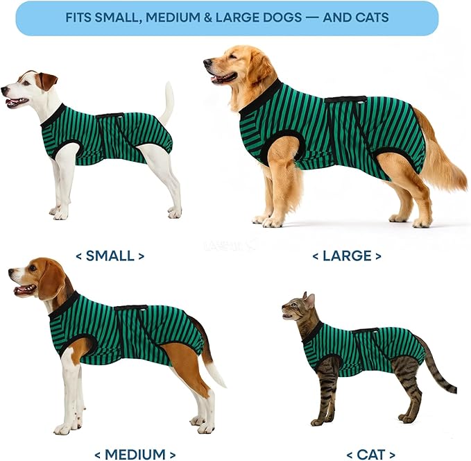 Recovery Suit for Dogs Cats After Surgery, E-Collar & Cone Alternative Surgical Suit, Prevent Licking Dog Onesies Pet Surgery Recovery Suit Soft Dog Bodysuit, Green Navy Stripes, L
