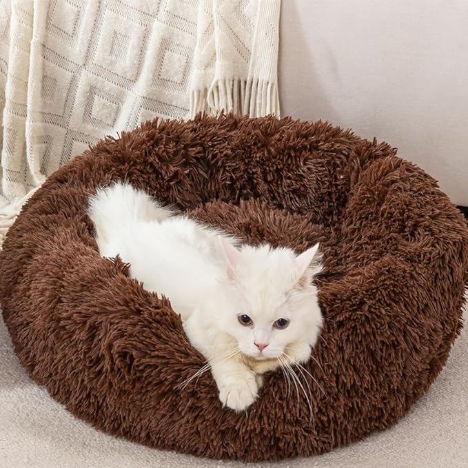 Donut Style Cat Beds for Indoor Cats Fluffy Plush Soft Small Dog Bed Faux Fur Small Pet Bed Non Slip Bottom Indoor for Puppy and Kitten Comfort Support Rabbit Pillow for 2.5KG
