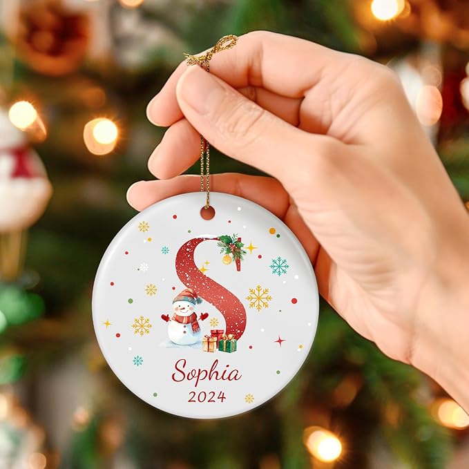 Name Ornaments for Christmas Tree, Custom Initial Monogram Snowman Ceramic Ornament for Kids Boys Girls, Monogrammed Christmas Ornaments 2026