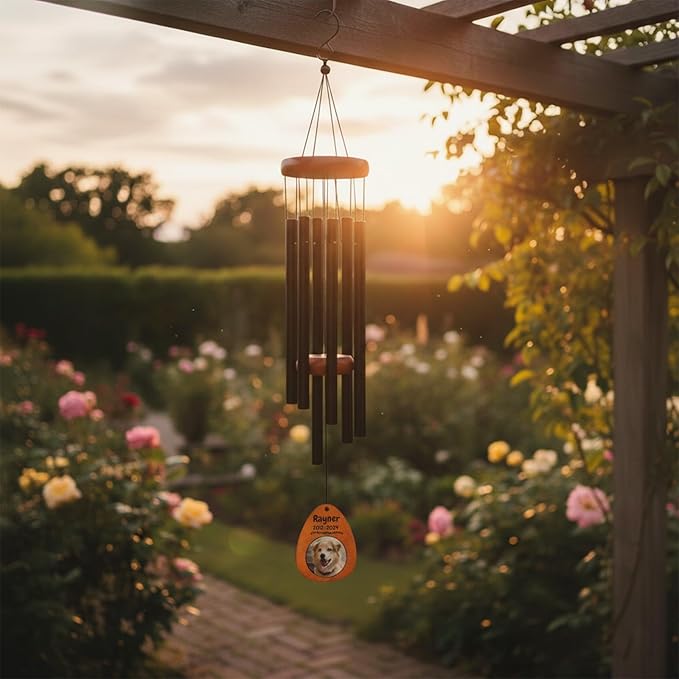 Personalized Dog Memorial Gifts for Loss of Dog - Custom Sympathy Wind Chime with Photo & Name, 26"/32"/37" Outdoor Bereavement Keepsake for Garden or Patio(Gold)