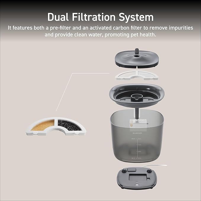 ELECOM Silent Pet Water Fountain for Cats and Dogs, 9dB Ultra Quiet Operation, 2L Capacity, Easy to Disassemble & Clean, 3-Layer Filtration, Wireless Pump, LED Light Modes (Black)