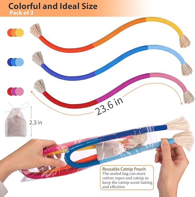 Retro Shaw Cat Toys Ropes 3Pcs with Refillable Natural Catnip, Safe Teeth Cleaning Kitten Chew Toys for Indoor Cats, Interactive Kitty Nip Kicker String Toy 23.6 Inches