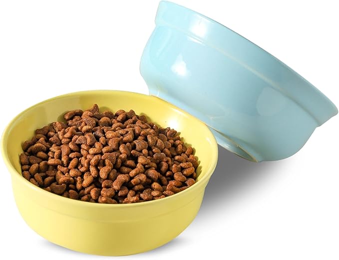 5.3 Inch Blue and Yellow Ceramic Small Dog Bowl Sets - Porcelain Wide Mouth Cat Food or Water Bowls, Cute Feeding Bowls for Indoor Small Size Dog, for Wet or Dry Food