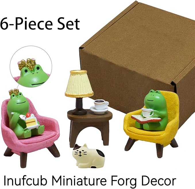 Miniature Frog Desk Set with Sofa & Lamp - 6-Piece Cute Frog Figurines for Office Decor, Shelf Decor, Home Decor, Resin Gift for Women, Frog Lovers (Frog)