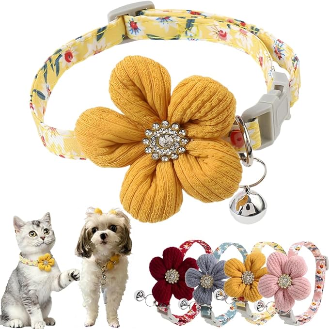 Yellow Dog Collars for Small Dogs, Puppy Collar for Girl Cute XS Dog Collar with Flower Floral Cat Collar with Bell Adjustable for Tiny Little XXS Extra Small Female Pets Kittens Dogs, XSmall