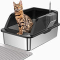 XL Stainless Steel Litter Box, Extra Large Metal Cat Litter Box with High Sided for Big Cats, Enclosed Litter Boxed with Lid, Easy-Clean Cat Litter Mat & Scoop Kit, Anti-Urine Leakage (Black)