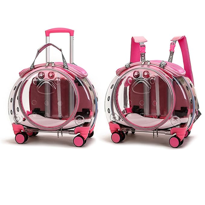 Pet Trolley Case, Convenient Portable Cats Dogs Backpack, with Clear Ventilation Holes, Silent Wheels and Telescopic Rod, for Travel. Pink