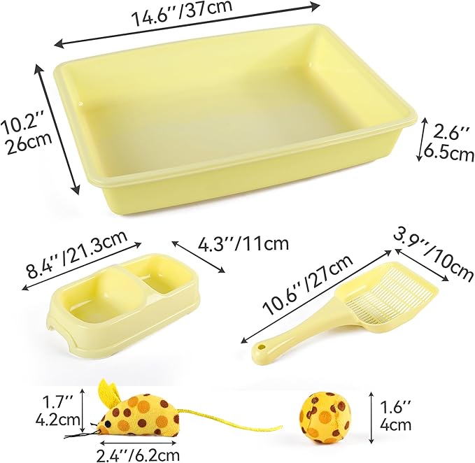 PAWISE Cat Litter Box Set, Small Kitten Starter Kit, Includes Litter Box, Litter Scoop, Double Dish Feeding Bowl, Cat Mouse Toy, Kitty Ball Toy, Yellow