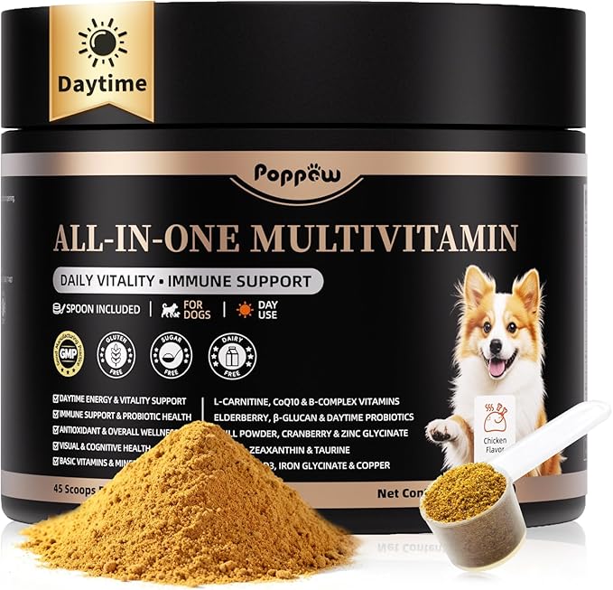 Dog Vitamins and Supplements for Daily Energy, Immune, Antioxidant, Gut, Skin & Coat, Dog Multivitamin Powder for Homemade Food with L-Carnitine, Taurine, Probiotics - Chicken Flavor, 75 Scoops
