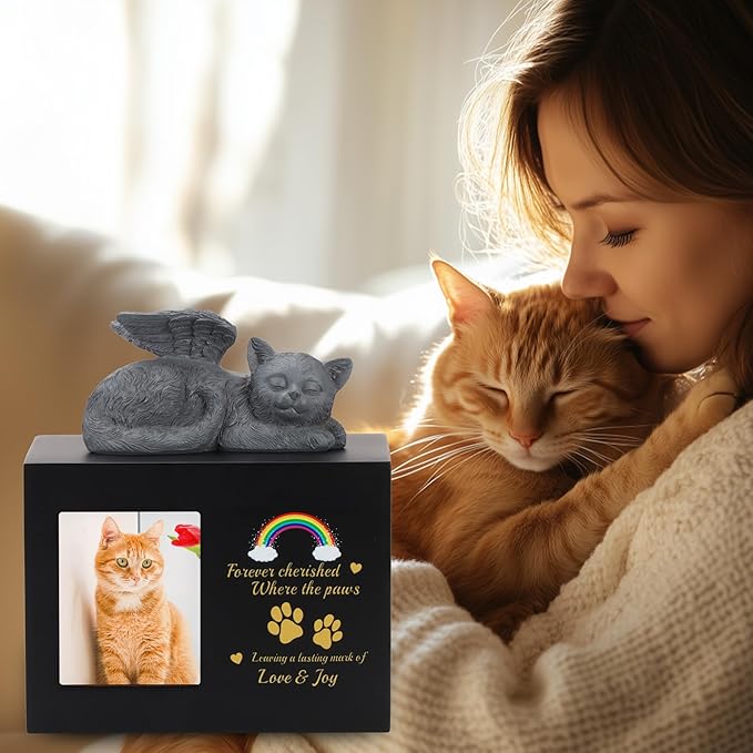 Cat Urns for Ashes, Rainbow Bridge Pattern Black Wooden Keepsake with Photo Frame, Pet Memory Box with Resin Cats Angel Statue and Sealed Storage Bags (Up to 10kg)