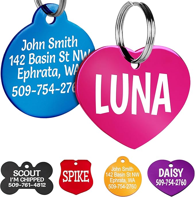 GoTags Dog Tags, Personalized Engraved Dog and Cat ID Tags for Pets, Custom Engraved on Both Sides, Various Shapes Including Bone, Round, Heart, Bow Tie, Star, and Badge (Heart, Small - Pack of 1)