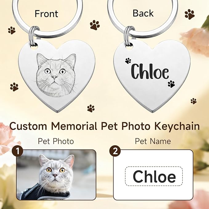 Custom Dog or Cat Portrait Keychain, Personalized Photo Engraved Keychains with Name, Customized Pet Memorial Gifts for Loss of Pets (Heart Shape)