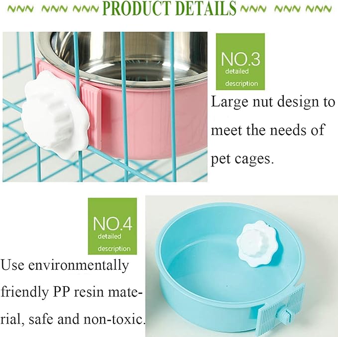 kathson Crate Dog Bowl, Removable Stainless Steel Hanging Pet Cage Bowl Food & Water Feeder Coop Cup for Cat, Puppy, Birds, Rats, Guinea Pigs (3 PCS, Size: L, Blue, Green, Pink)