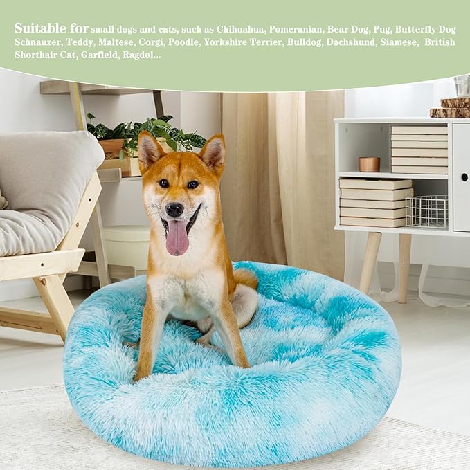 Calming Dog Bed for Medium Dogs Cats, Puppy 31'' Round Anti-Anxiety Warm Fluffy Plush Faux Fur Bed, Soft Anti-Slip Donut Washable, Cozy Medium Puppy Bed, Fits up to 50 lbs Pets