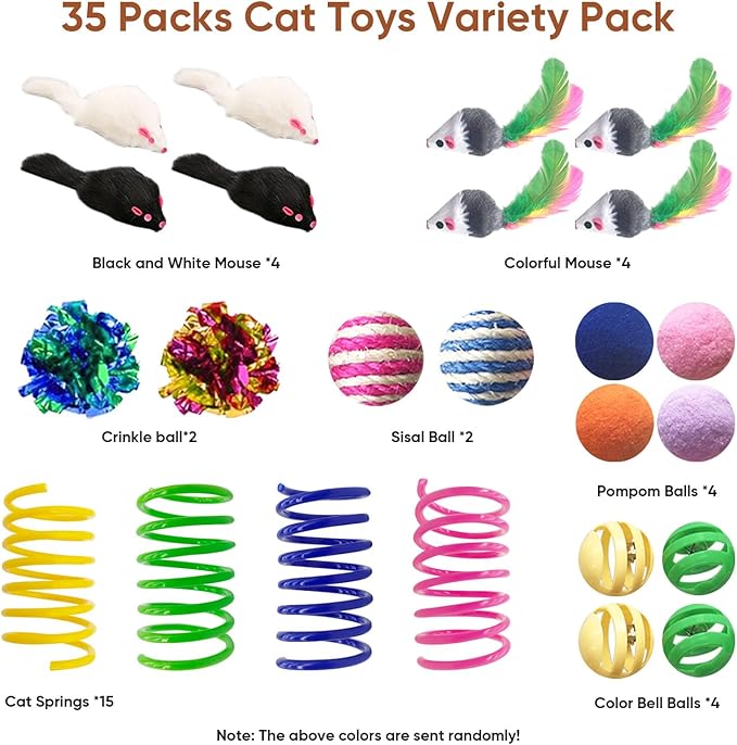 AGYM Cat Toys for Indoor Cats, 35 Packs Interactive Cat Toys Set with Colorful Springs, Mouse Cat Toy, Crinkle, Sisal, Pompom and Color Bell Balls for Kittens