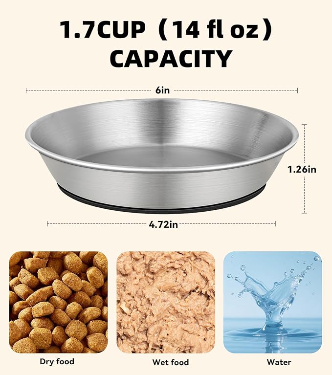 2 Pack-1.7Cup(14 fl oz) -304 Stainless Steel Cat Bowls for Food and Water, Non-Slip Silicone Bottom Dishes, Size: 6" Width and 1.26" Height, for Cat or Small Dog