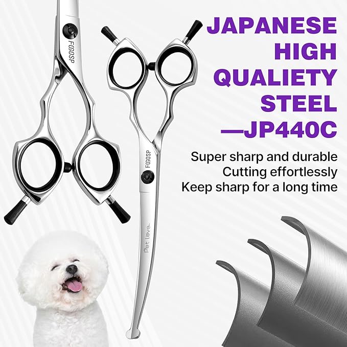 Curved Dog Grooming Scissors with Blunt Tip 6.5 in Round Curve Shears for Pet Dogs Cat Japan 440C 30°Arc Upward & Downward for Trimming Face and Paws at Home Safety