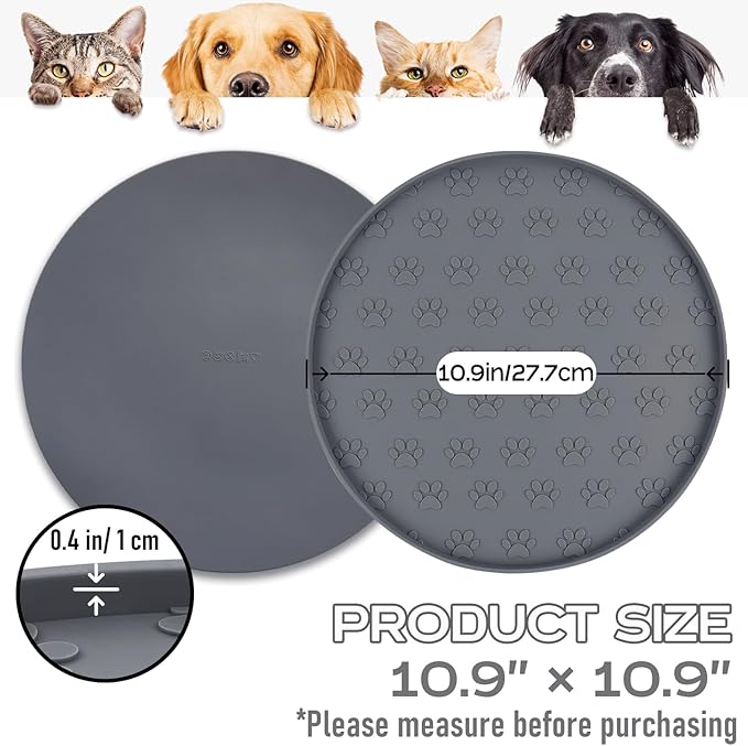 Pet Feeding Mats for Food and Water, Waterproof Anti-Slip Placemats for Dog Cat Bowl, 1 Pack Silicone Pet Food Mat, Dishwasher Safe 10.9 × 10.9 (1 Pack, Grey)